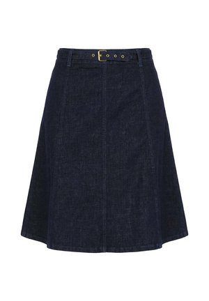 Donkerblauwe denim A-lijn rok met gestikte panelen en een verstelbare tailleband riem met een gouden gesp.