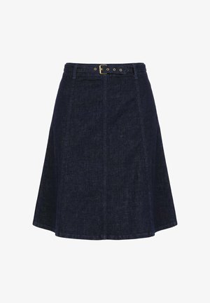 Donkerblauwe denim A-lijn rok met gestikte panelen en een verstelbare tailleband riem met een gouden gesp.
