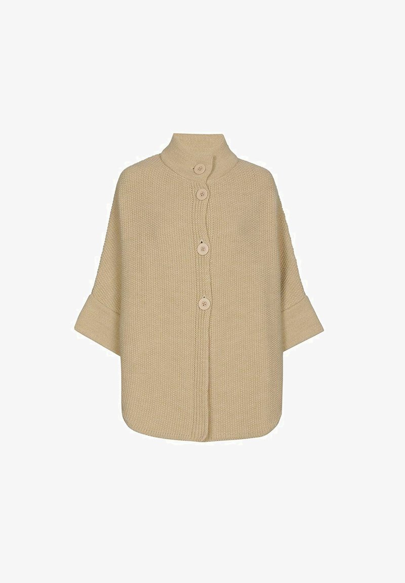 Cardigan en tricot beige avec un col montant, comportant cinq grands boutons, des manches courtes et une coupe ample et carrée. Tissu texturé sur l'ensemble.