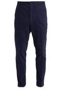 Marinblå, slim-fit byxor i bomullsblandning, med knappstängning, sidfickor och en slät, något matt yta.