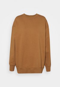 Sudadera marrón hecha de un tejido suave, con cuello redondo, mangas largas y un ajuste relajado. Textura lisa con puños y dobladillo acanalados.