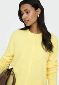 Rumena, z gumbi zaprta jopica iz mehke tkanine, s okroglim izrezom in rebrastimi poudarki na manšetah in robu. Model drži rjavo torbico.