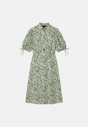 Robe midi verte à motif floral avec manches bouffantes, boutons sur le devant, col et détails noués aux poignets.