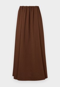 Brązowa spódnica do kolan z elastycznym pasem. Wykonana z teksturowanej tkaniny, o luźnym kroju i subtelnym układzie.