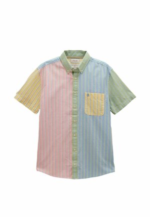 Kurzärmeliges Hemd zum Zumknöpfen mit vertikalen Streifen in Pastellrosa, Blau, Grün und Gelb, mit einer gestreiften Brusttasche in Gelb.
