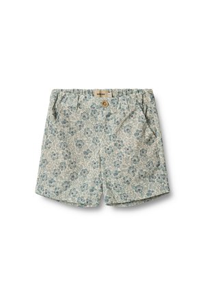 Blumen-Shorts in Hellblau und Creme mit Knopfverschluss und elastischem Bund. Verfügt über zwei Seitentaschen und ein weiches Baumwollgewebe.