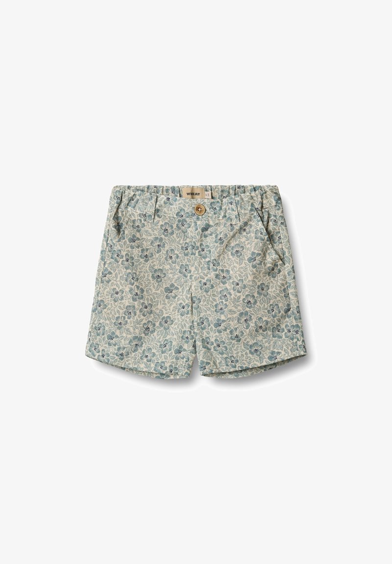Květinové šortky ve světle modré a krémové barvě s knoflíkovým zapínáním a elastickým pasem. Obsahují dvě boční kapsy a jsou vyrobeny z měkké bavlněné tkaniny.