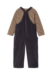 Corduroy overall with a dark purple bottom and a zebra-patterned long-sleeve top. Features adjustable straps and side pockets.