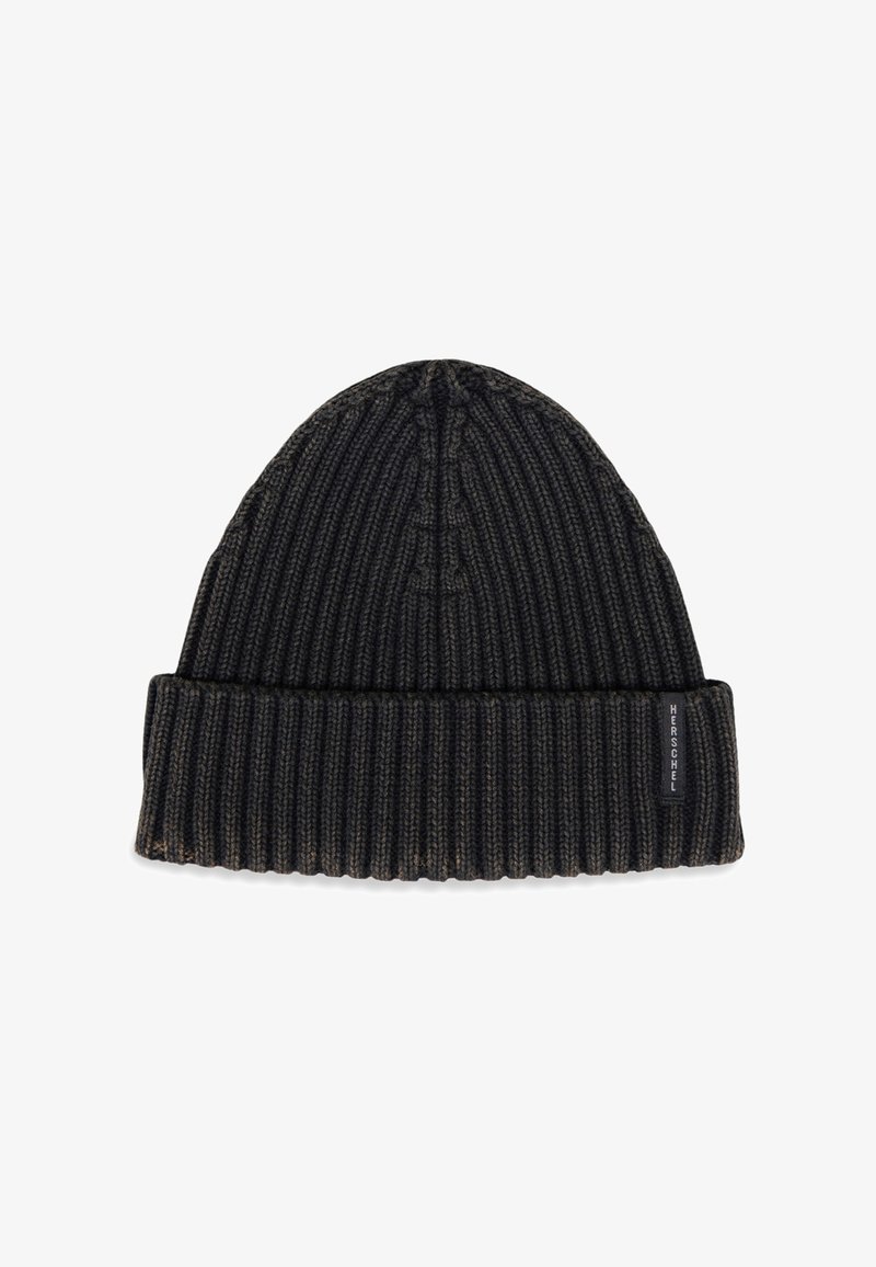 Gorro de punto negro con textura acanalada, que presenta un dobladillo y una pequeña etiqueta de logo tejida en el lado. Material suave y elástico.