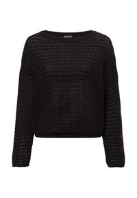 Schwarzer, langärmeliger Strickpullover mit lockerem, offenem Strickmuster und rundem Halsausschnitt, vor einem weißen Hintergrund dargestellt.