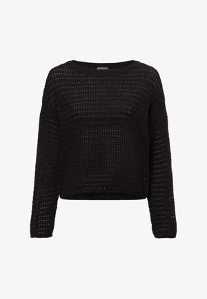 Schwarzer, langärmeliger Strickpullover mit lockerem, offenem Strickmuster und rundem Halsausschnitt, vor einem weißen Hintergrund dargestellt.