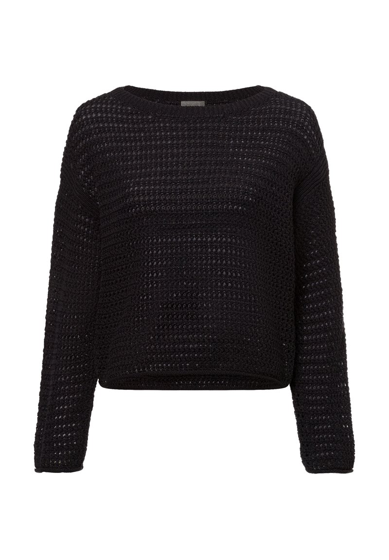 Schwarzer, langärmeliger Strickpullover mit lockerem, offenem Strickmuster und rundem Halsausschnitt, vor einem weißen Hintergrund dargestellt.
