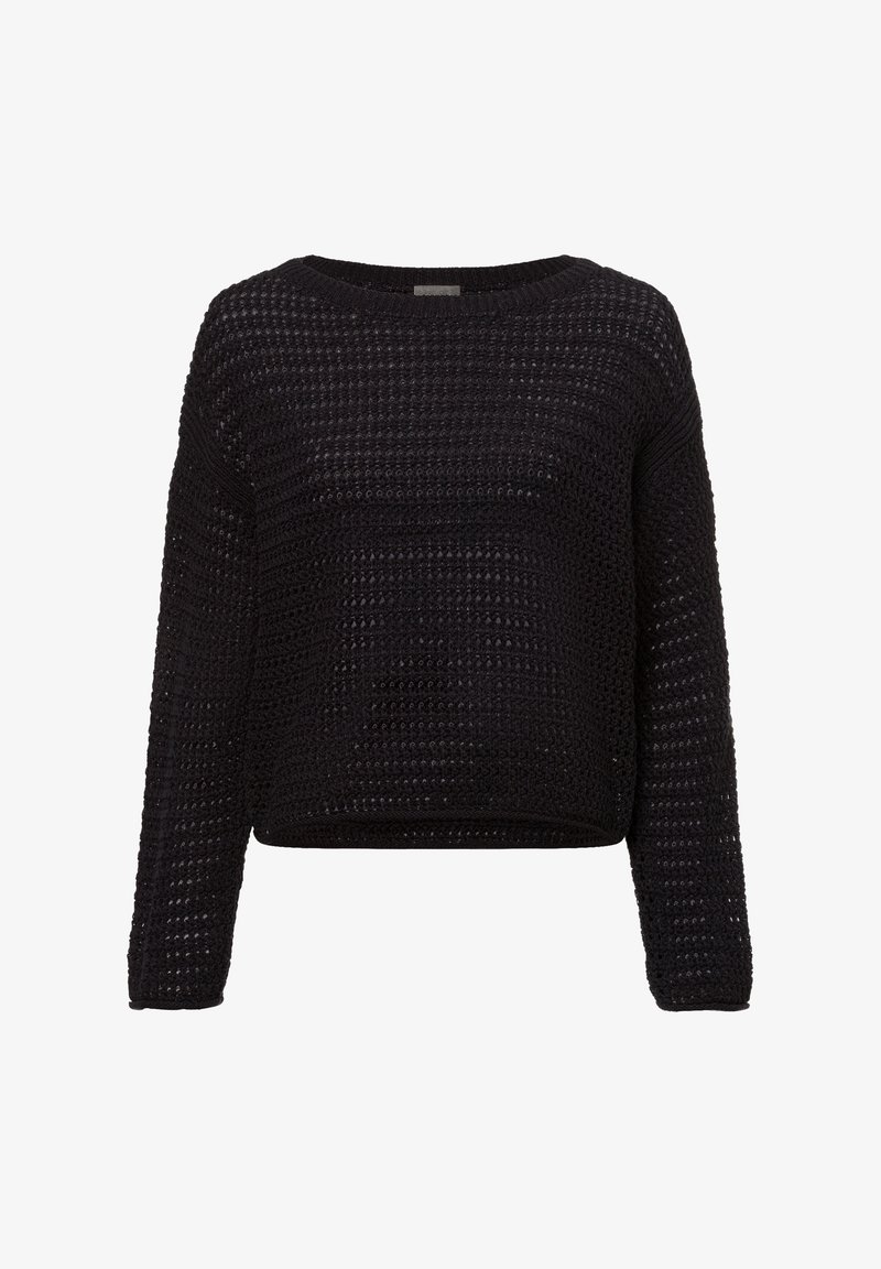 Schwarzer, langärmeliger Strickpullover mit lockerem, offenem Strickmuster und rundem Halsausschnitt, vor einem weißen Hintergrund dargestellt.