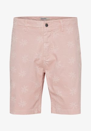 Pantaloni corti rosa chiaro realizzati in tessuto morbido, con un motivo ripetuto di palme bianche, chiusura con bottone e tasche laterali.