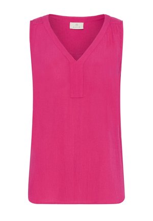 Mouwloze felroze blouse met V-hals en subtiele textuur van de stof, met een klein merkembleem aan de binnenkant van de halslijn.