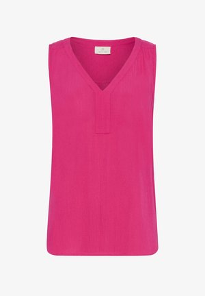 Mouwloze felroze blouse met V-hals en subtiele textuur van de stof, met een klein merkembleem aan de binnenkant van de halslijn.