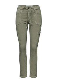 Pantalon cargo vert olive coupe ajustée avec taille à cordon, poches plaquées avant et latérales, et détails cousus.