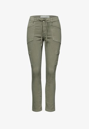 Slim-fit olijfgroene cargobroek met trekkoord in de taille, voor- en opzij geplaatste zakken en gestikte details.