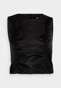 Svart utanärmad topp med en slät, glansig textur. Har gathered sid sömmar för formning. Enkel rund halsdesign.