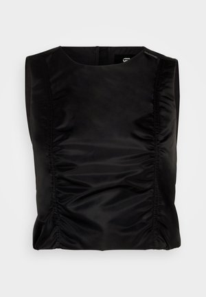 Black sleeveless top with a smooth, shiny texture. Features gathered side seams for shaping. Simple round neck design.