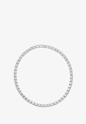 Silberne Halskette mit quadratisch geschliffenen Steinen, die in einem symmetrischen Muster angeordnet sind. Sie präsentiert ein elegantes, poliertes Finish und gleichmäßige Abstände.