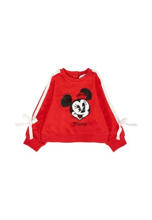 Rode peuter sweatshirt met lange mouwen, witte strepen, strikdetails op de mouwen en een pailletten Minnie Mouse gezicht op de voorkant.