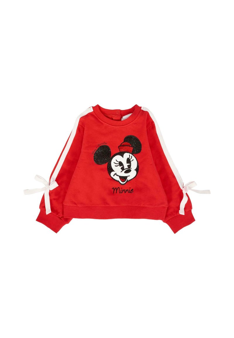 Rode peuter sweatshirt met lange mouwen, witte strepen, strikdetails op de mouwen en een pailletten Minnie Mouse gezicht op de voorkant.