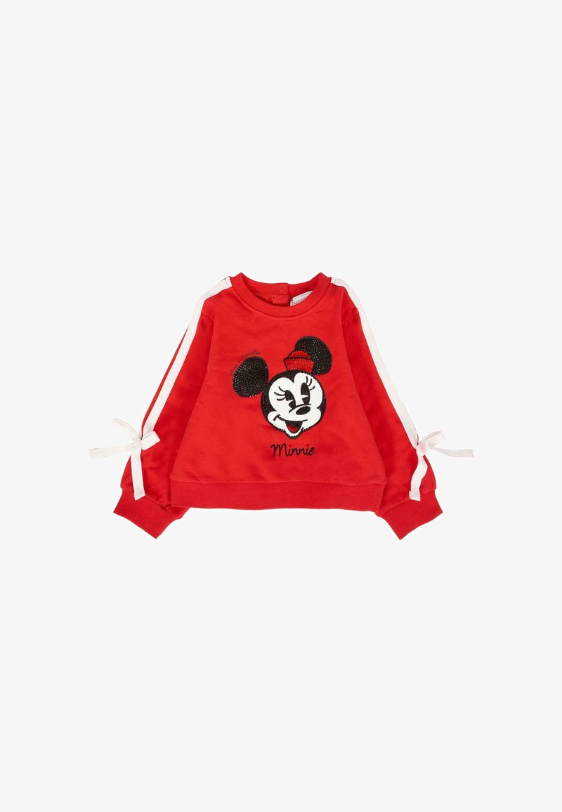 Rode peuter sweatshirt met lange mouwen, witte strepen, strikdetails op de mouwen en een pailletten Minnie Mouse gezicht op de voorkant.