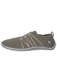 Lightweight, grey mesh slip-on shoe with elastic bands for fit, textured surface, and a white rubber sole. Features a logo on the side.