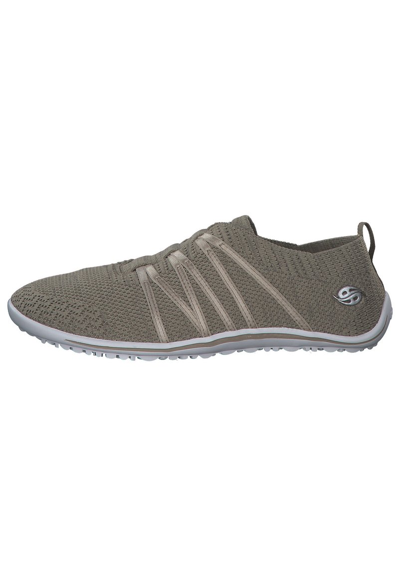 Lightweight, grey mesh slip-on shoe with elastic bands for fit, textured surface, and a white rubber sole. Features a logo on the side.
