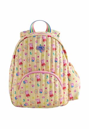 Gelber, gesteppter Kinderrucksack, bedeckt mit Peppa Pig, Regenbögen, Herzen und lachenden Gesichtern, mit regenbogenfarbigem Griff und vorderer Reißverschlusstasche.