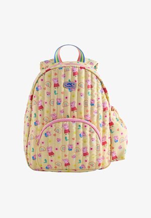 Gelber, gesteppter Kinderrucksack, bedeckt mit Peppa Pig, Regenbögen, Herzen und lachenden Gesichtern, mit regenbogenfarbigem Griff und vorderer Reißverschlusstasche.