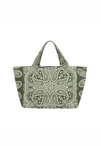 Zielona torba materiałowa z białymi wzorami paisley, z dwoma krótkimi uchwytami i szerokim, otwartym designem, który ułatwia dostęp i noszenie.