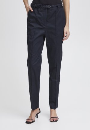 Navy tailored pants with a woven belt, straight leg design, front pockets, and smooth texture. Finished with a sleek, minimalist silhouette.
