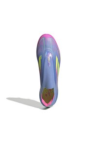 Blue athletic shoe with a pink heel and yellow accents. Features a smooth texture, sock-like design, and ventilation holes near the heel.