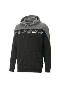 Černá a šedá mikina s kapucí na zip vyrobená z měkké tkaniny, s kapucí, předními kapsami a vzorem loga přes hruď.
