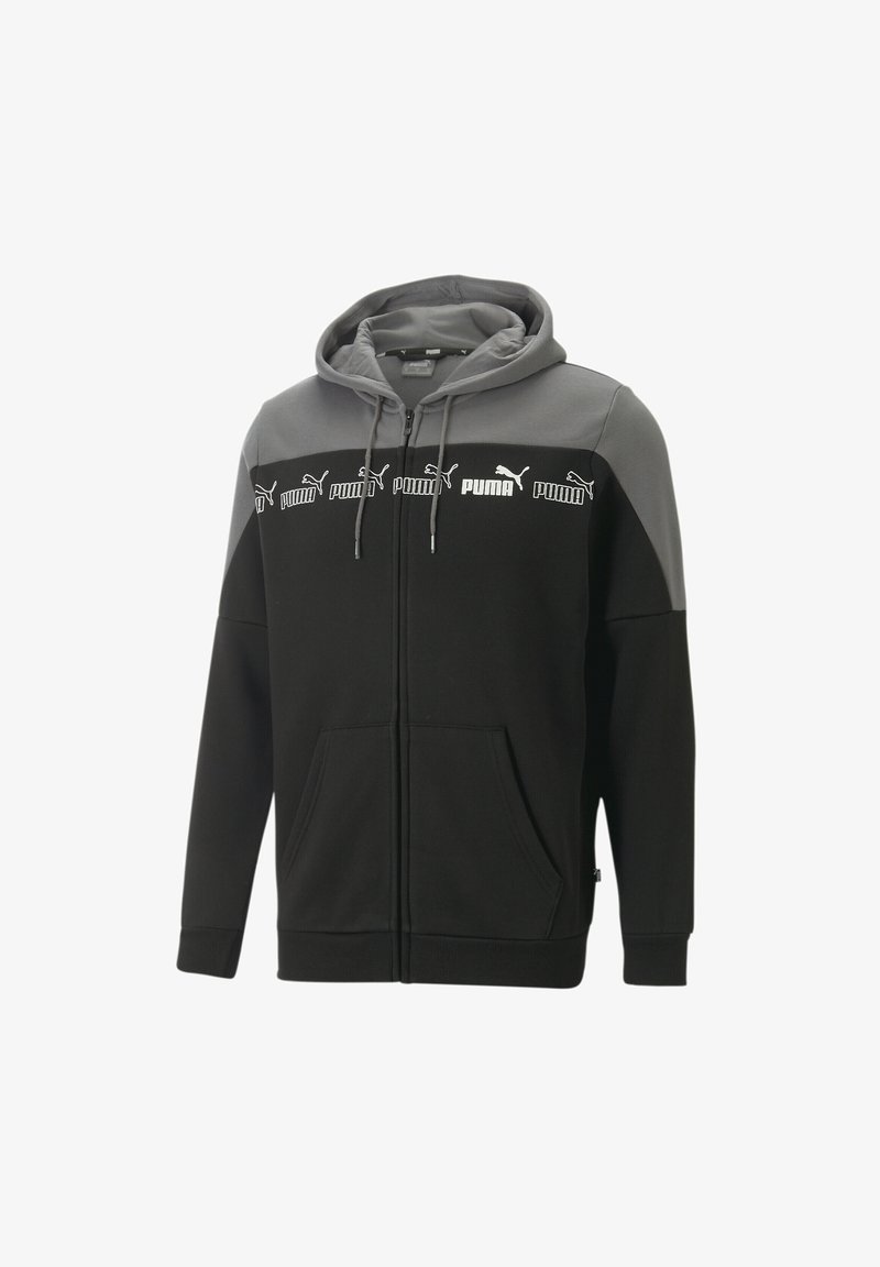 Felpa con zip nera e grigia realizzata in tessuto morbido, dotata di cappuccio, tasche frontali e un motivo con logo sul petto.