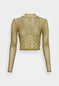 Camisola cropped de manga longa em verde oliva claro com um padrão geométrico, feita de um tecido transparente e texturizado; possui um decote alto.