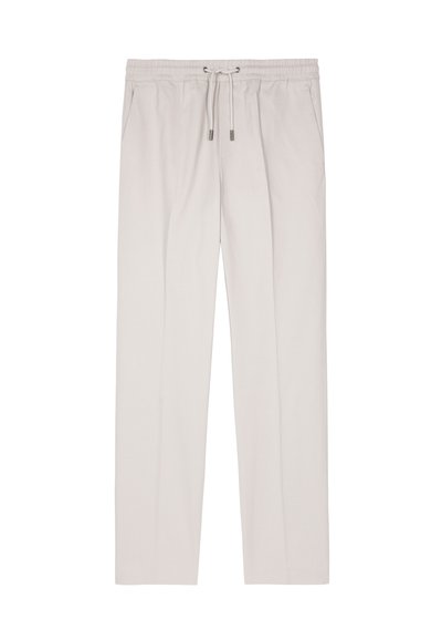 Light beige drawstring pants with elastic waist and side pockets, straight leg fit, casual style.