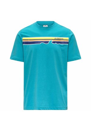 T-shirt turchese in cotone morbido, con un design orizzontale caratterizzato da strisce gialle e navy e un motivo a onda. Logo sull'area sinistra del petto.