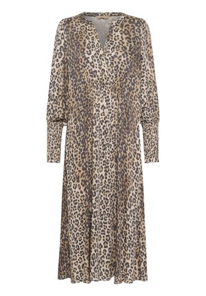 Abito con stampa leopardo in beige e marrone, caratterizzato da scollatura a V, maniche lunghe con dettagli arricciati e una vestibilità comoda che arriva a metà polpaccio.