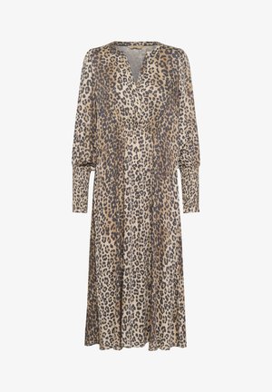 Abito con stampa leopardo in beige e marrone, caratterizzato da scollatura a V, maniche lunghe con dettagli arricciati e una vestibilità comoda che arriva a metà polpaccio.