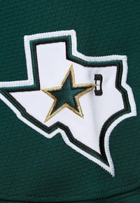 Embroidered patch of Texas outline with black and gold star centered, on dark green textured fabric background.