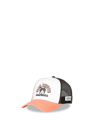 Casquette trucker en mesh blanc et noir avec une visière corail, ornée d'un motif de palmier tropical et du texte « Von Dutch California » sur le panneau avant.