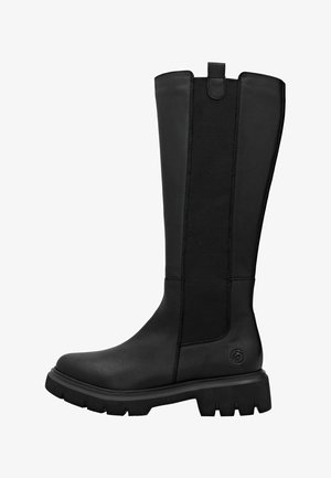 Black knee-high boots featuring smooth leather and elastic side panels, with a textured rubber sole for grip and a pull tab at the top.