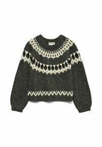 Sweter dzianinowy w ciemnoszarym kolorze z kontrastującymi białymi wzorami geometrycznymi. Okrągły dekolt, długie rękawy i fakturowany materiał z drobnymi smugami.