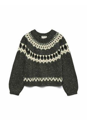 Striktrøje i mørkegrå med kontrasterende hvide geometriske mønstre. Rund hals, lange ærmer og tekstureret stof med sprøjt.