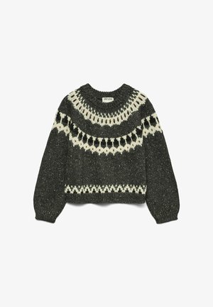 Gebreide trui in donkergrijs met contrasterende witte geometrische patronen. Ronde hals, lange mouwen en textiel met vlekjes.