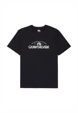 Schwarzes Baumwoll-T-Shirt mit kurzen Ärmeln, Rundhalsausschnitt und weißem Logodesign mit dem Text "THE MOUNTAIN & THE WAVE" und "QUIKSILVER".
