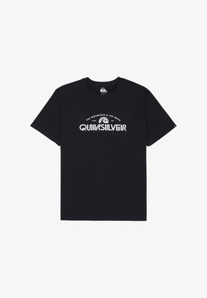 Schwarzes Baumwoll-T-Shirt mit kurzen Ärmeln, Rundhalsausschnitt und weißem Logodesign mit dem Text "THE MOUNTAIN & THE WAVE" und "QUIKSILVER".